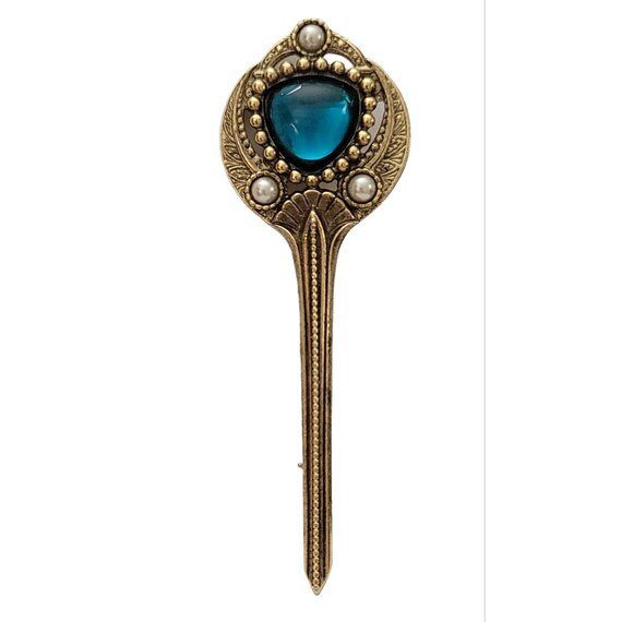 1928 Brand Aqua Turquoise Glass Stone Scepter Key Brooch K314