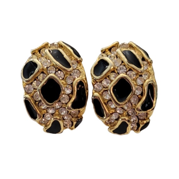 Vintage Gold Tone Black Enamel Clear Rhinestone Animal Print Clip-On Earrings E870