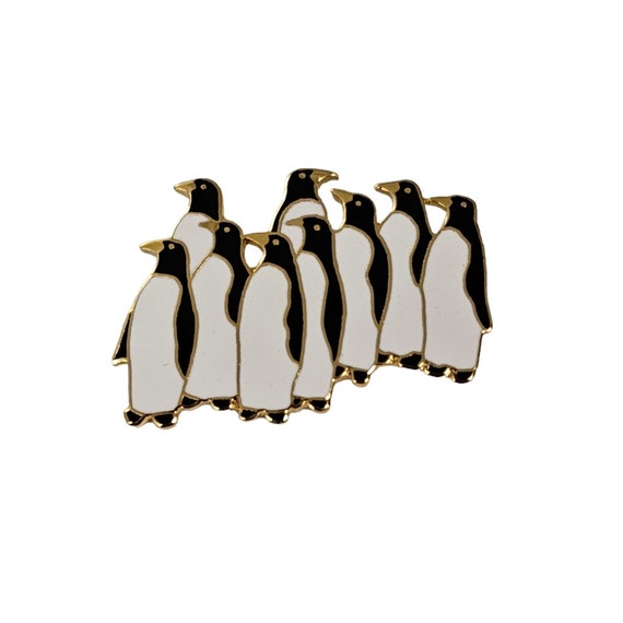 Fish Enterprise Brand Black White Enamel Penguins Pin Brooch, Signed L199
