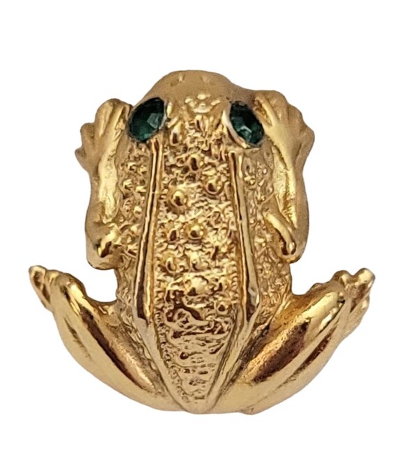 Napier Gold Tone Vintage Green Rhinestone Eye Frog Pin, Signed K751
