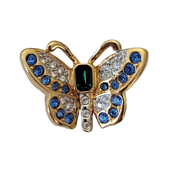 Swarovski Swan Logo Gold Tone Blue Green Clear Crystal Butterfly Brooch Pin L41