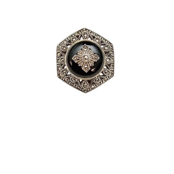 Sterling Silver Onyx Marcasite Hex Brooch, Maltese Cross Design Pin C690