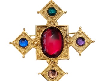 Matte Gold Tone Multi Color Lucite Cabochon Maltese Cross Brooch Pin, E766