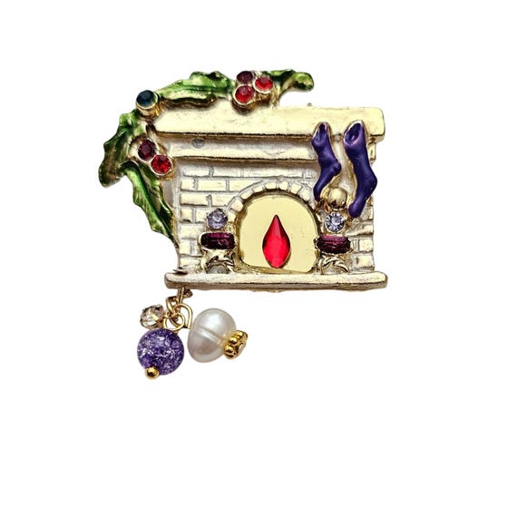 Gold Tone Fireplace Brooch Purple Stocking Holly Pin
