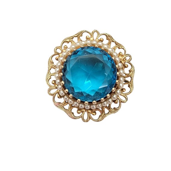 Round Blue Chunky Rhinestone Brooch, Gold Tone Filigree Faux Pearl Pin