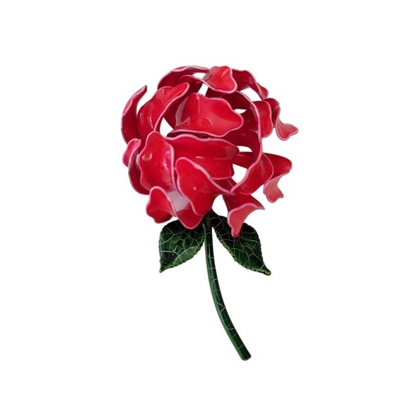 Pink Red Fuchsia Multi Petal Dimensional Stem Leaf Flower Brooch E570