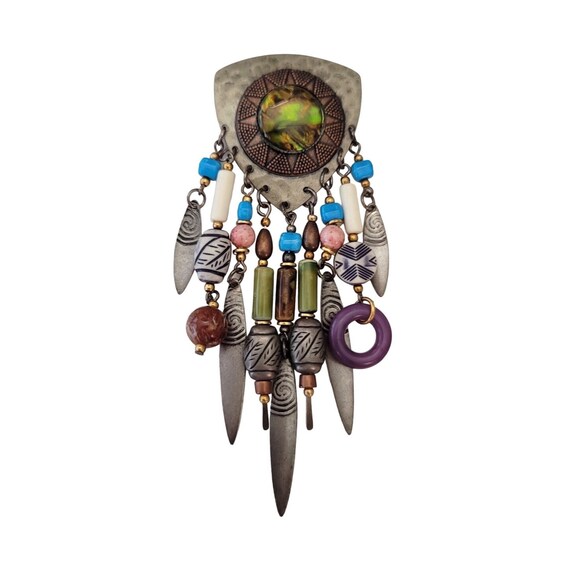 Hammered Metal Tribal Multi Strand Beaded Charm Brooch, E572