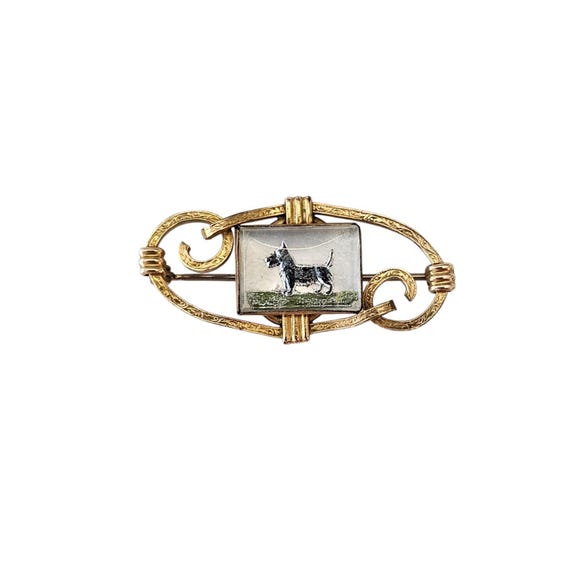 PR. ST. Co 1-20 12K GF Reverse Painted Goofus Glass Scotty Dog Bar Pin Terrier Brooch, Signed, J21