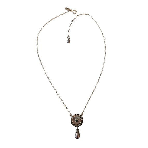 Liz Palacios Sterling Silver Paper Clip Chain, Shell Pearl Lavalier Pendant Necklace L110