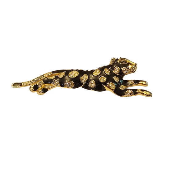 Trifari TM Black Enamel Rhinestone Wild Cat Leopard Tiger Panther Brooch Signed
