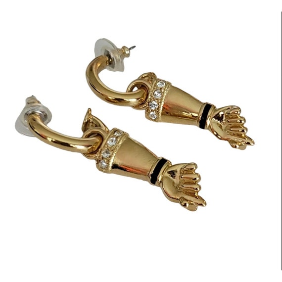 Jackie Collins Gold Tone Rhinestone Figa Fist Dangle Post Earrings, Signed K01