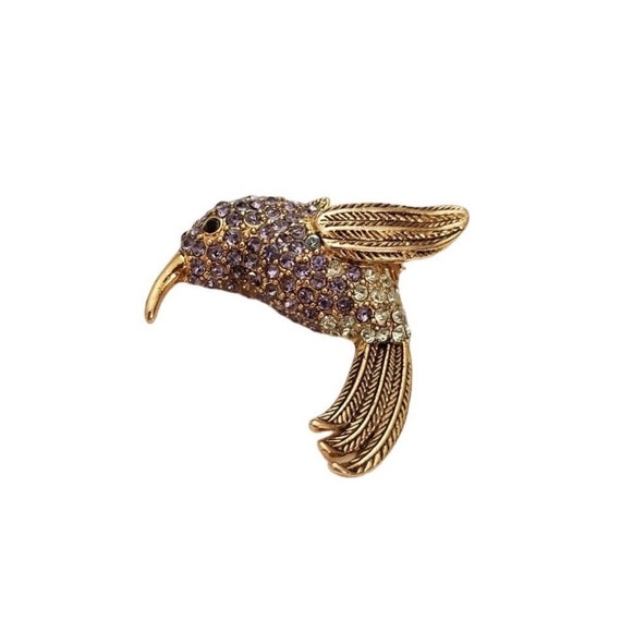 Vintage Monet Gold Tone Purple Blue Rhinestone Humming Bird Brooch Pin, Signed L69