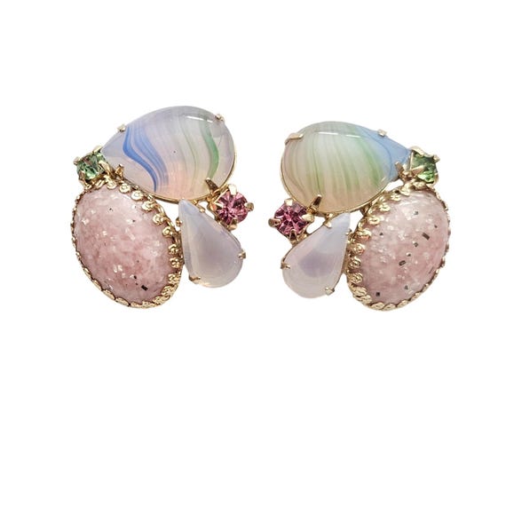 Pink Oval Art Givre, Opaline Glass Cab Clip On Cluster Earrings C728