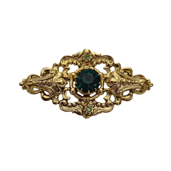 Czech Green Rhinestone Brooch Oval Gold Tone Ornate Fleur De Lis Pin L856