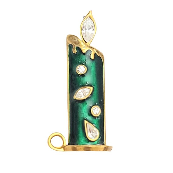 Gold Tone Green Enamel Clear Rhinestone Christmas Candle Brooch Pin K662