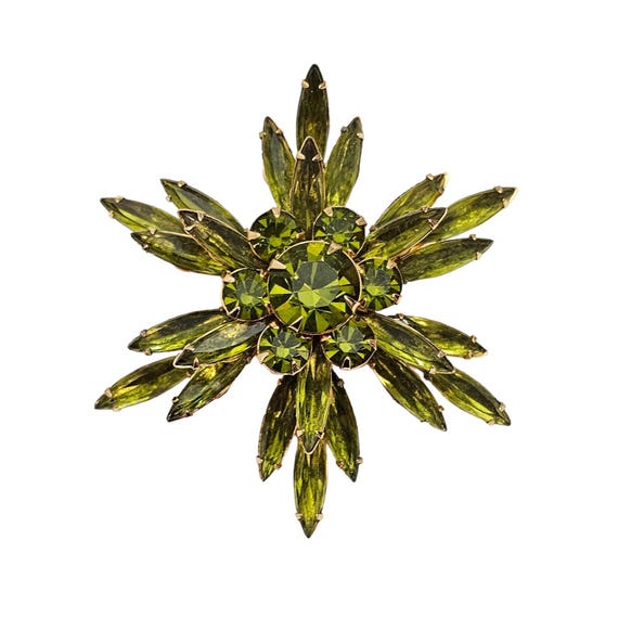 Judy Lee Green Prong Set Rhinestone Cluster Olivine Starburst Flower Brooch Pin, Signed L408