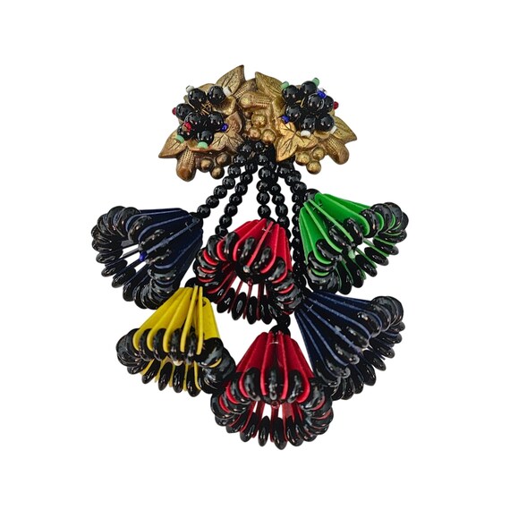Miriam Haskell Early Hard To Find Bell Tassel Brooch, Leaf, Bead Bar Pin J680