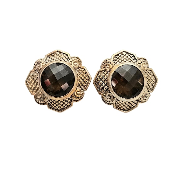 Stephen Dweck Clip On Flower Round Faceted Smoky Quartz Chunky Earrings C815