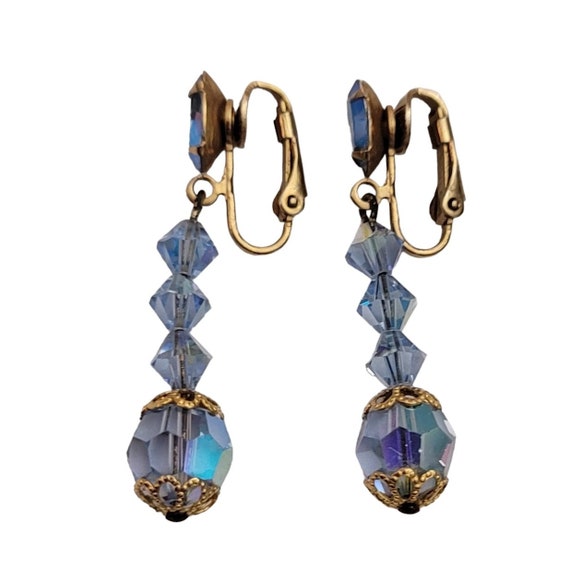 Blue AB Prong Set Navette Bead Dangle Clip-On Earrings E311
