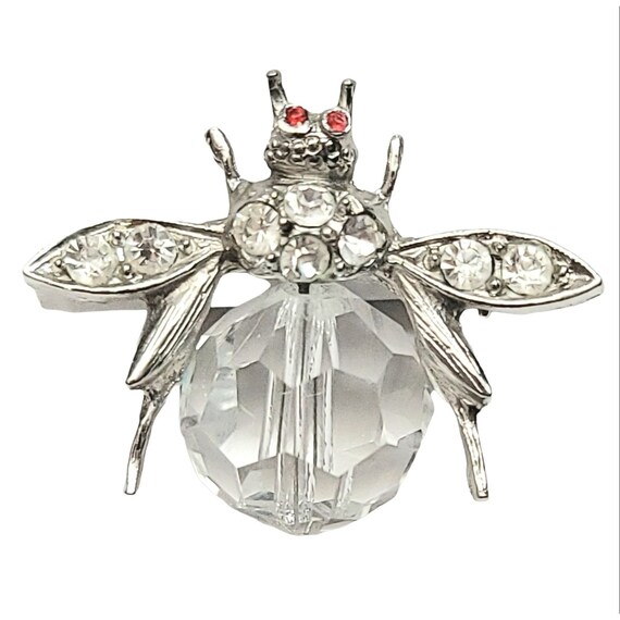Pell Silver Tone Red Eye Clear Faceted Glass Belly Bee Insect Brooch, Signed