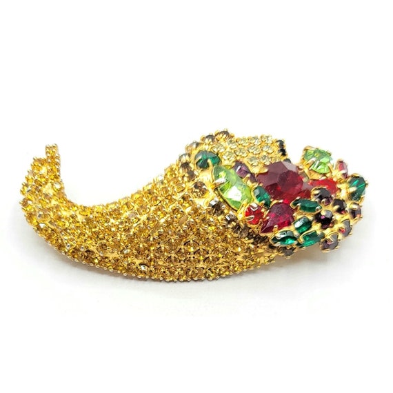 Gold Tone Topaz Red Green Prong Set Rhinestone Cornucopia Pin Brooch