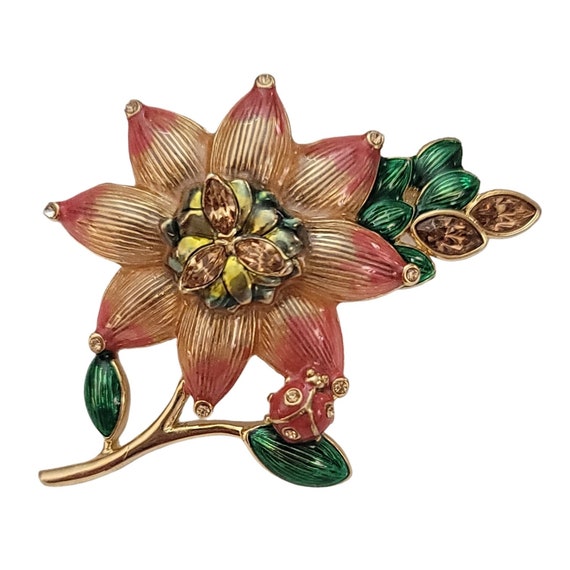 Monet Pink Green Enamel Rhinestone Stemmed Flower Brooch Pin, Signed K696