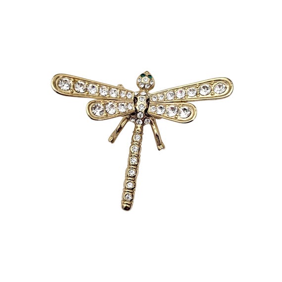Clear Rhinestone Dragonfly Trembler Brooch Green Eyes Pin J598