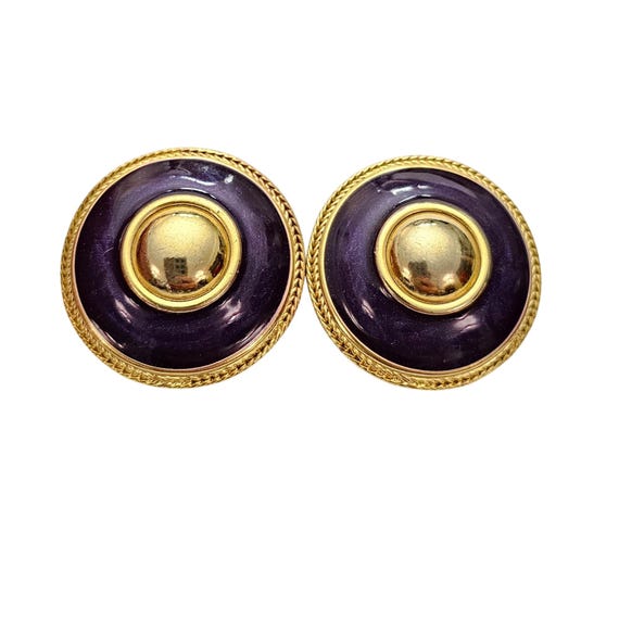 Purple Enamel Domed Gold Tone Button Clip On Earrings J536
