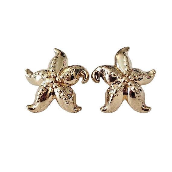 14K Yellow Gold Puffy Textured Sea Starfish Post Earrings L153