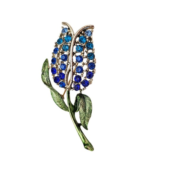 Blue Rhinestone Tulip Brooch Green Enamel Stem Pin C626