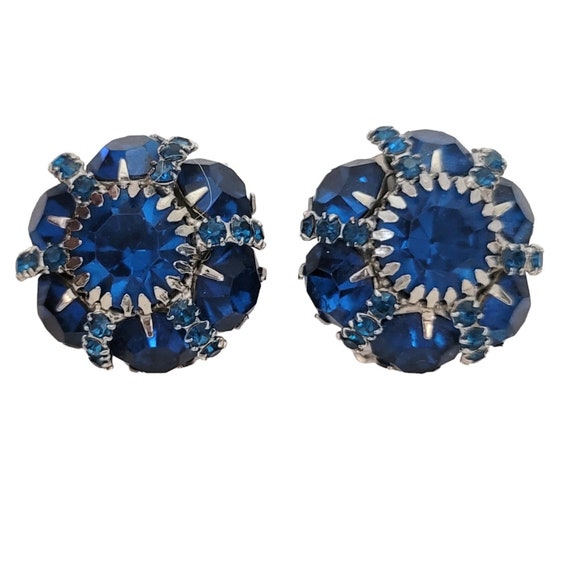 Blue Prong Set Rhinestone Round Cluster Clip-On Earrings E204
