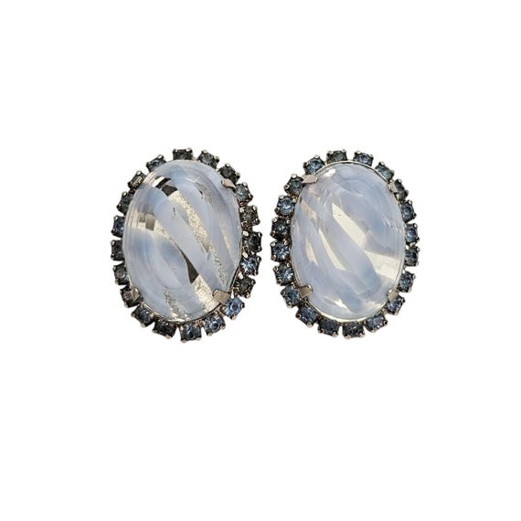Givre Blue Vintage Clear Oval Clip On Blue Rhinestone Earrings