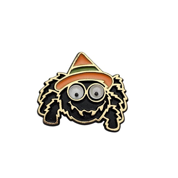 1982 Hallmark Googley Eye Black & Orange Crazy Hair Spider Pin, Signed L438