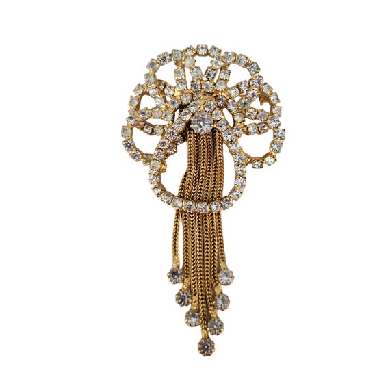 Gold Tone Vintage Clear Prong Set Rhinestone Bow Waterfall Clear Tassel Brooch L79