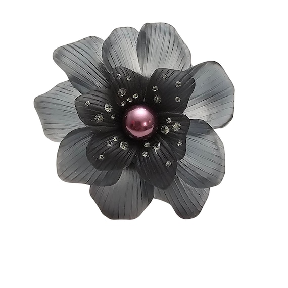 Monet Teal Gray Lucite Flower Brooch Rhinestone Cluster Pin Signed, J508