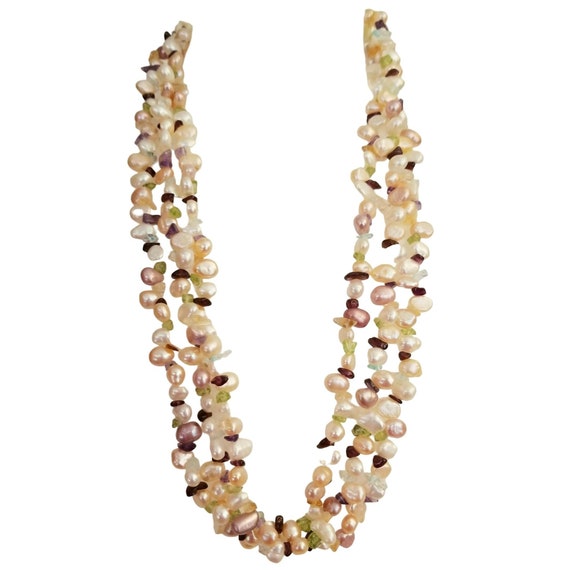 14k Yellow Gold Pearl, Garnet Double Strand Necklace M09