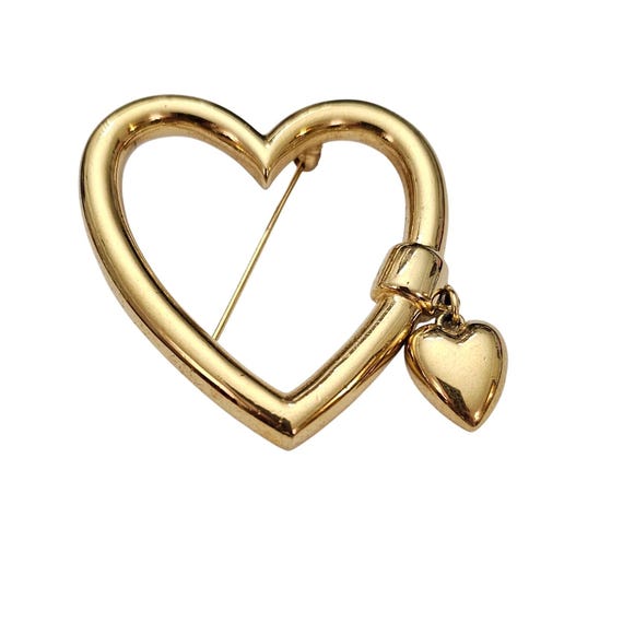 Monet Gold Tone Open Heart Brooch Glossy Charm Dangle Pin Signed, C837