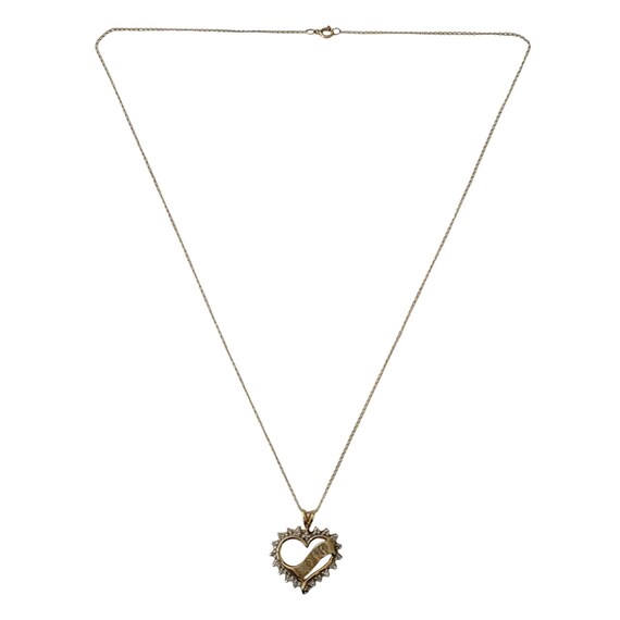 10K Yellow Gold Y2K 2000 Heart Diamond Pendant Chain Necklace 16.5" Long, E859