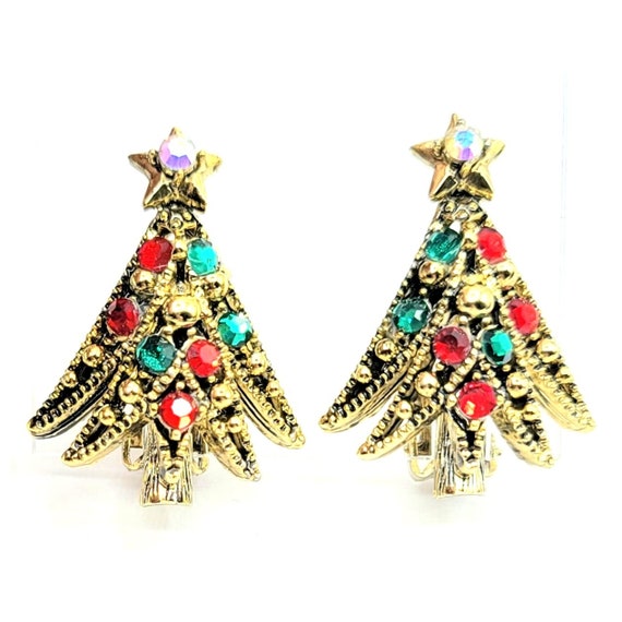 Hollycraft Goldtone Rhinestone Christmas Tree Ear Clips