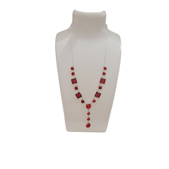 Sterling Silver Art Deco Red Faceted Prong Glass Paper Clip Chain Necklace, 15.75" Long K12