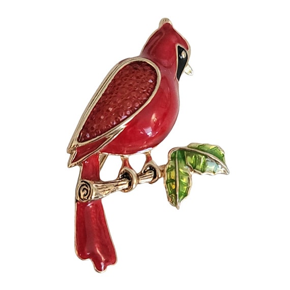 Napier Red Lucite Jelly Enamel Cardinal, Holly Bird Brooch Pin, Signed K287