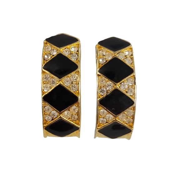 Gold Tone Black Enamel Clear Rhinestone J Style Clip On Earrings K943