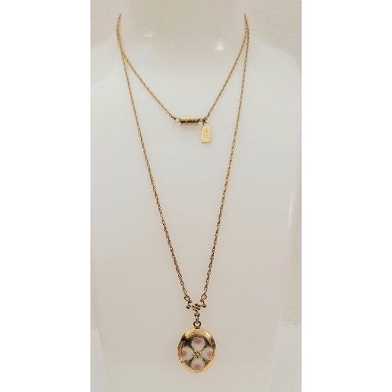 1928 Brand Gold Tone Pink Enamel Dogwood Oval Locket Chain Necklace 24” K867
