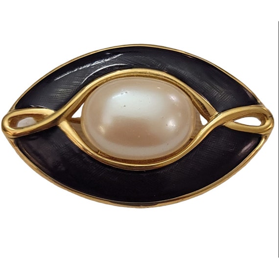 Monet Vintage Green Black Guilloche Style Enamel Faux Pearl Brooch, Signed K800