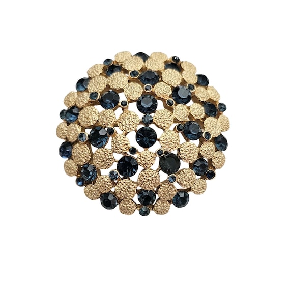 Trifari Gold Tone Blue Rhinestone Dome Brooch Round Textured Pin Signed, J424