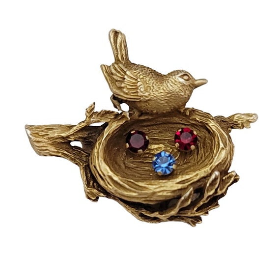 Anson Sterling Silver, Gold Tone Rhinestone Bird In Nest Brooch Pin, Signed K436