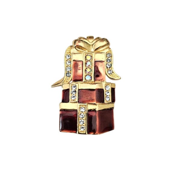 Etienne Aigner Enamel Rhinestone Gift Tower Brooch Bow Ribbon Pin Signed, J874