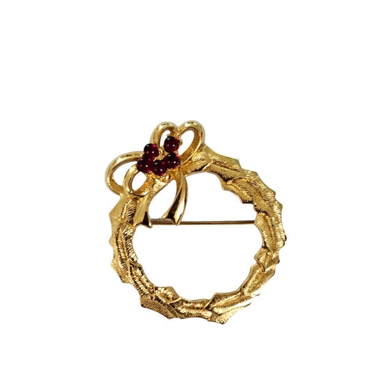 Monet Gold Tone Red Glass Cab Holly Berry Bow Leaf Wreath Brooch, Signed L258