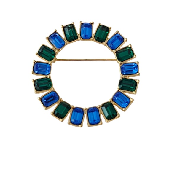 Monet Blue Green Rhinestone Brooch Round Open Pin, Signed