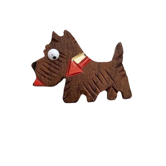 Vintage Scottish Terrier Painted Brooch, Wood Carved Glass Eye Pin J452